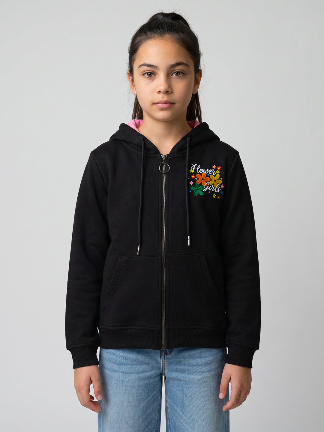 Girls Black Printed Hooded Full Sleeve Sweatshirt