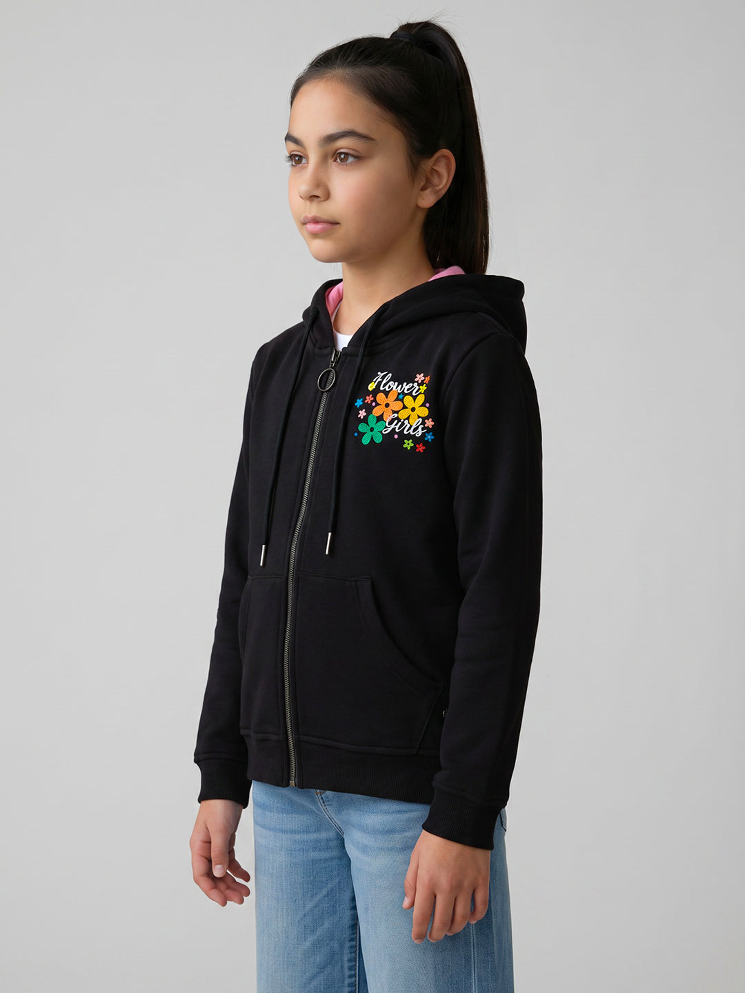 Girls Black Printed Hooded Full Sleeve Sweatshirt