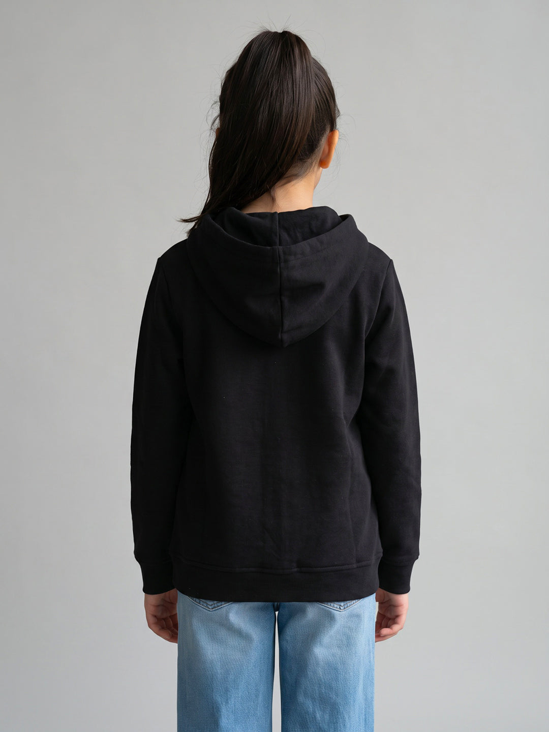 Girls Black Printed Hooded Full Sleeve Sweatshirt