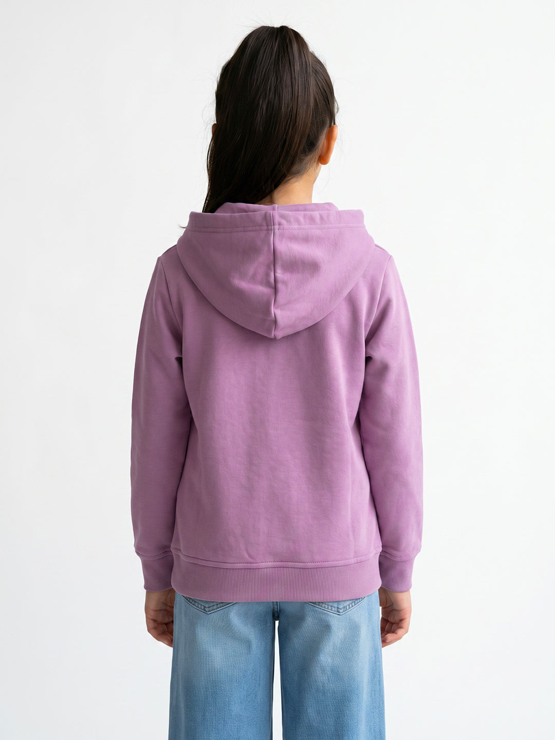Girls Purple Printed Hooded Full Sleeve Sweatshirt