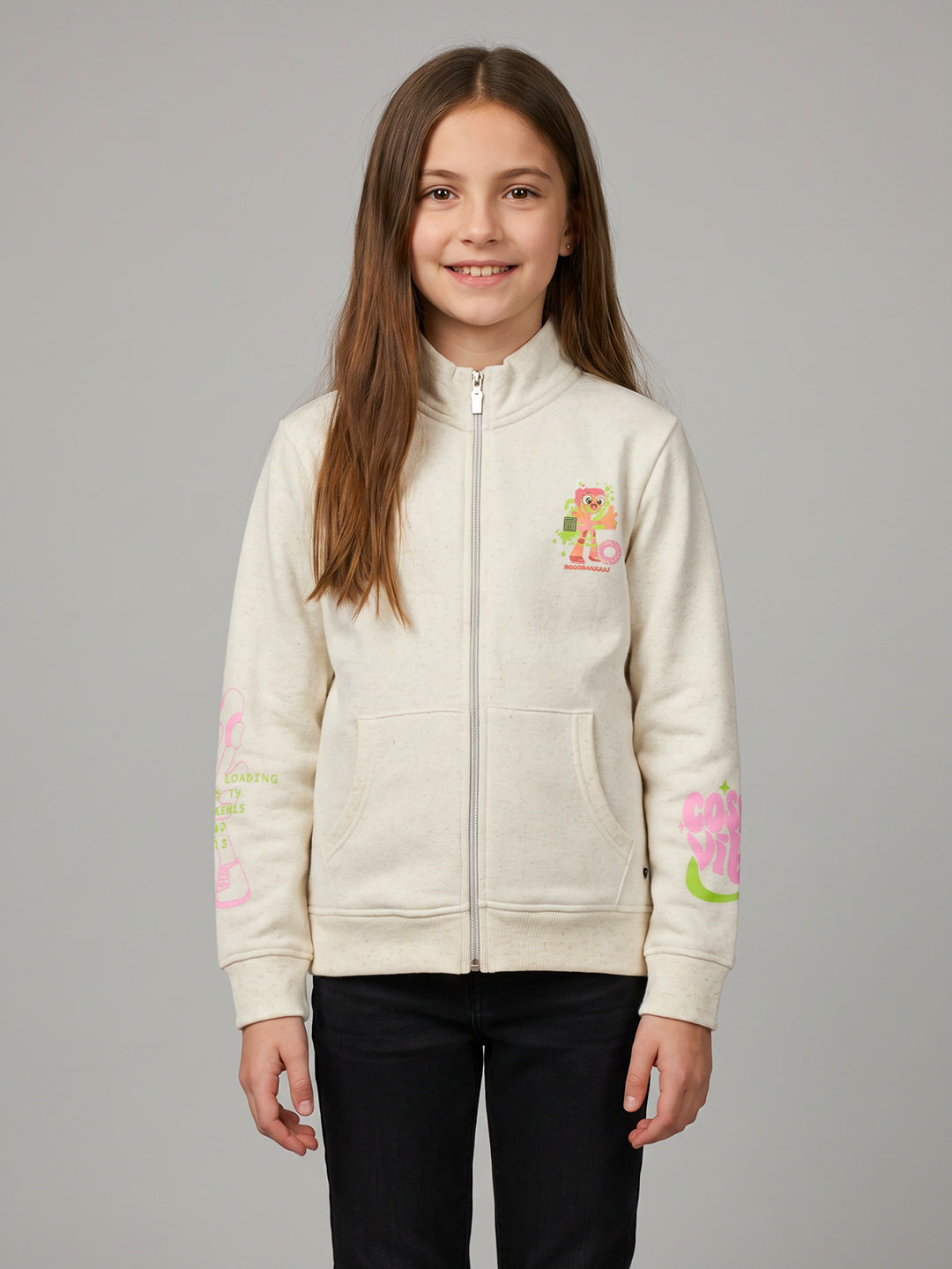 Girls Off White Printed Turtle Neck Full Sleeve Sweatshirt