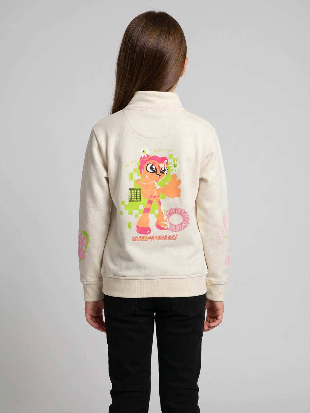 Girls Off White Printed Turtle Neck Full Sleeve Sweatshirt