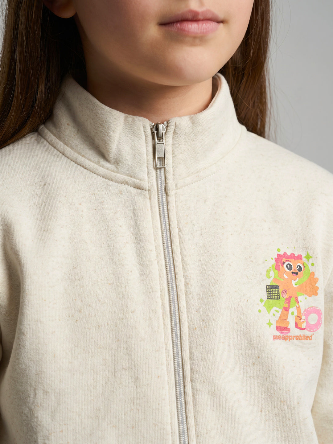 Girls Off White Printed Turtle Neck Full Sleeve Sweatshirt