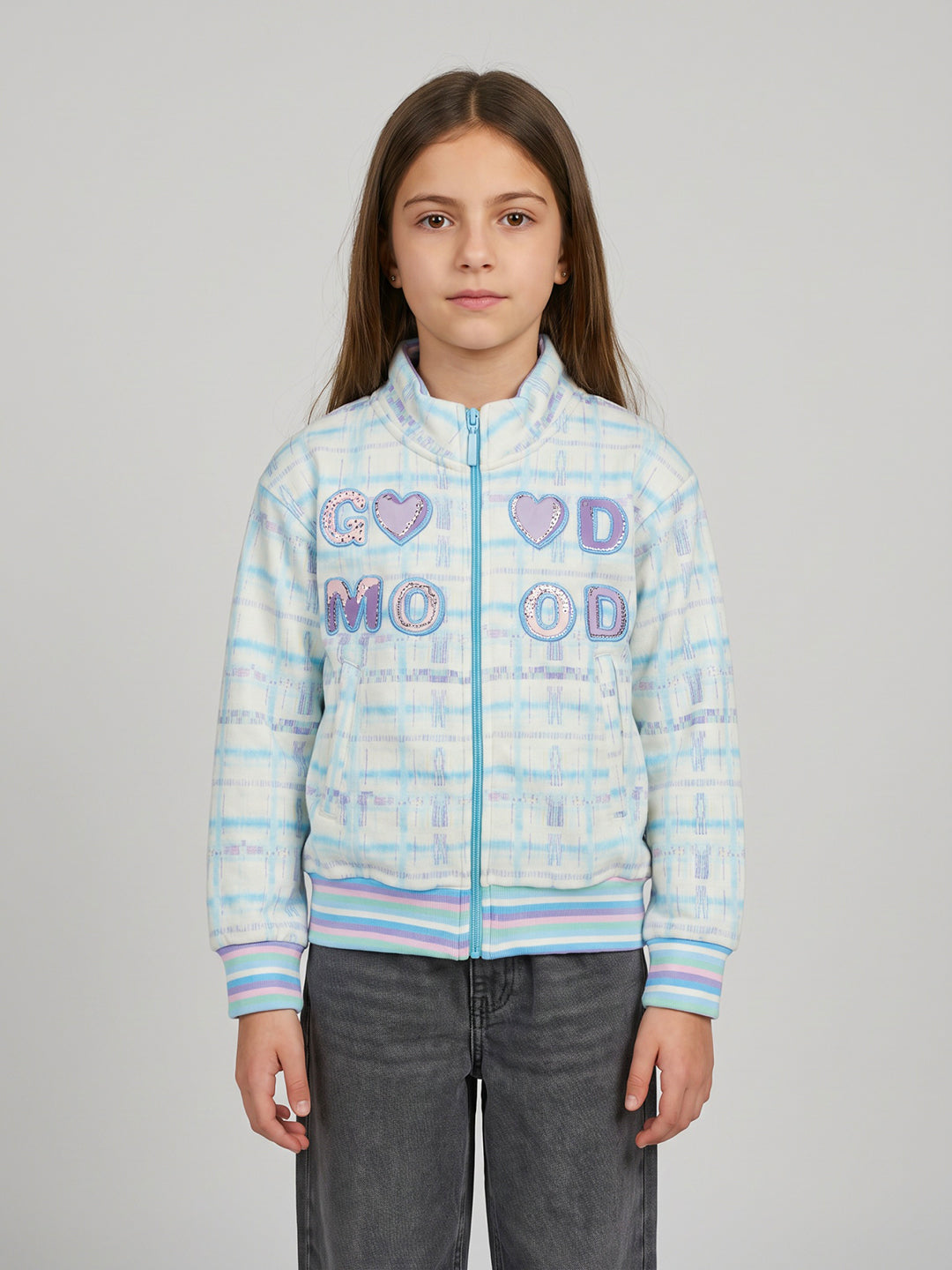Girls Blue Printed Turtle Neck Full Sleeve Sweatshirt