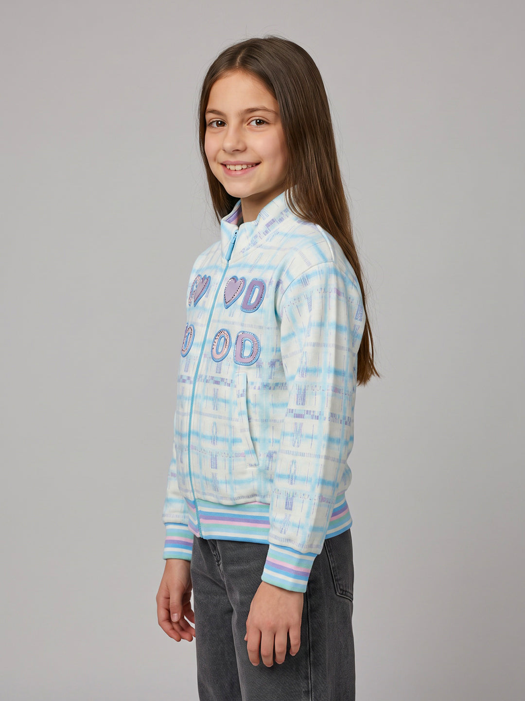 Girls Blue Printed Turtle Neck Full Sleeve Sweatshirt