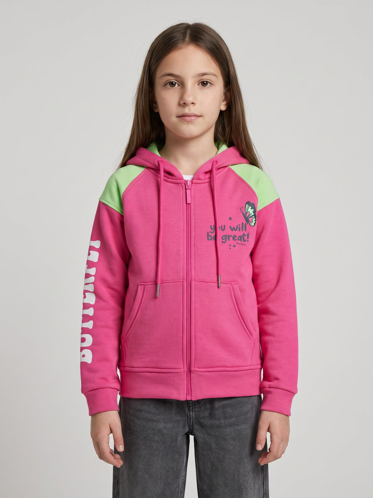 Girls Magenta Printed Hooded Full Sleeve Sweatshirt