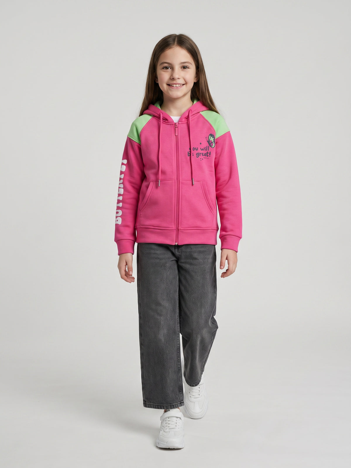 Girls Magenta Printed Hooded Full Sleeve Sweatshirt