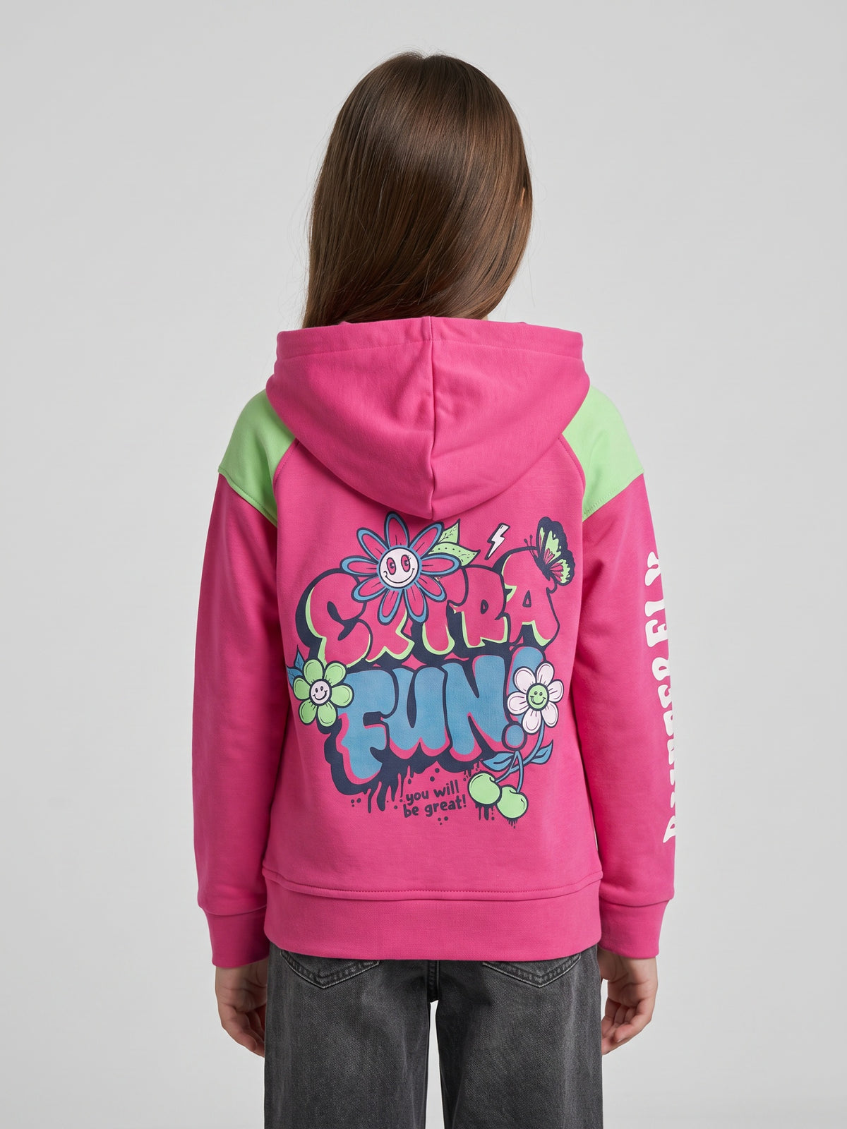 Girls Magenta Printed Hooded Full Sleeve Sweatshirt