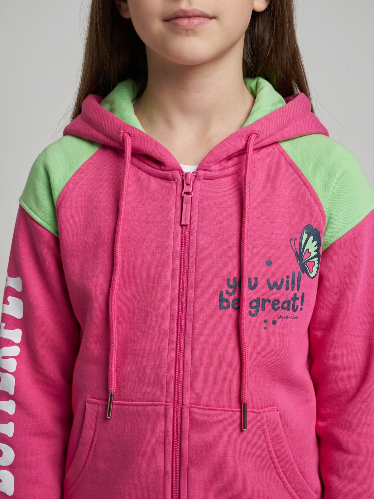 Girls Magenta Printed Hooded Full Sleeve Sweatshirt