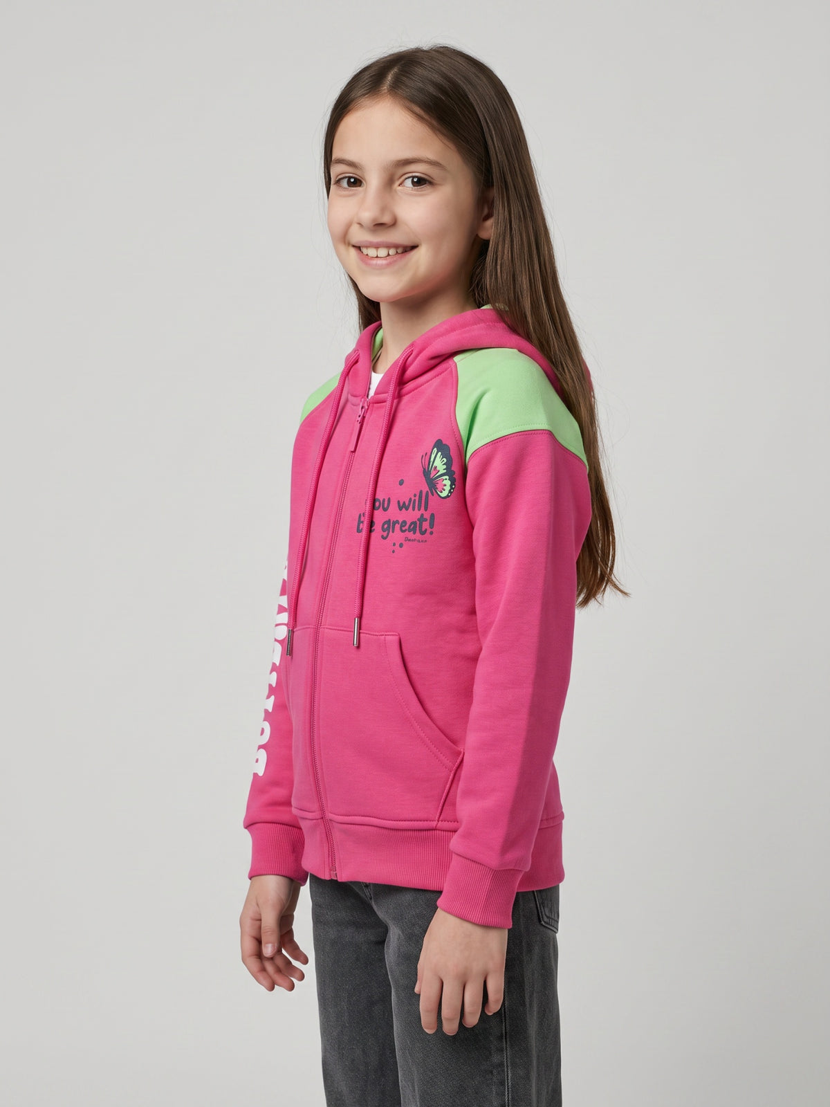 Girls Magenta Printed Hooded Full Sleeve Sweatshirt