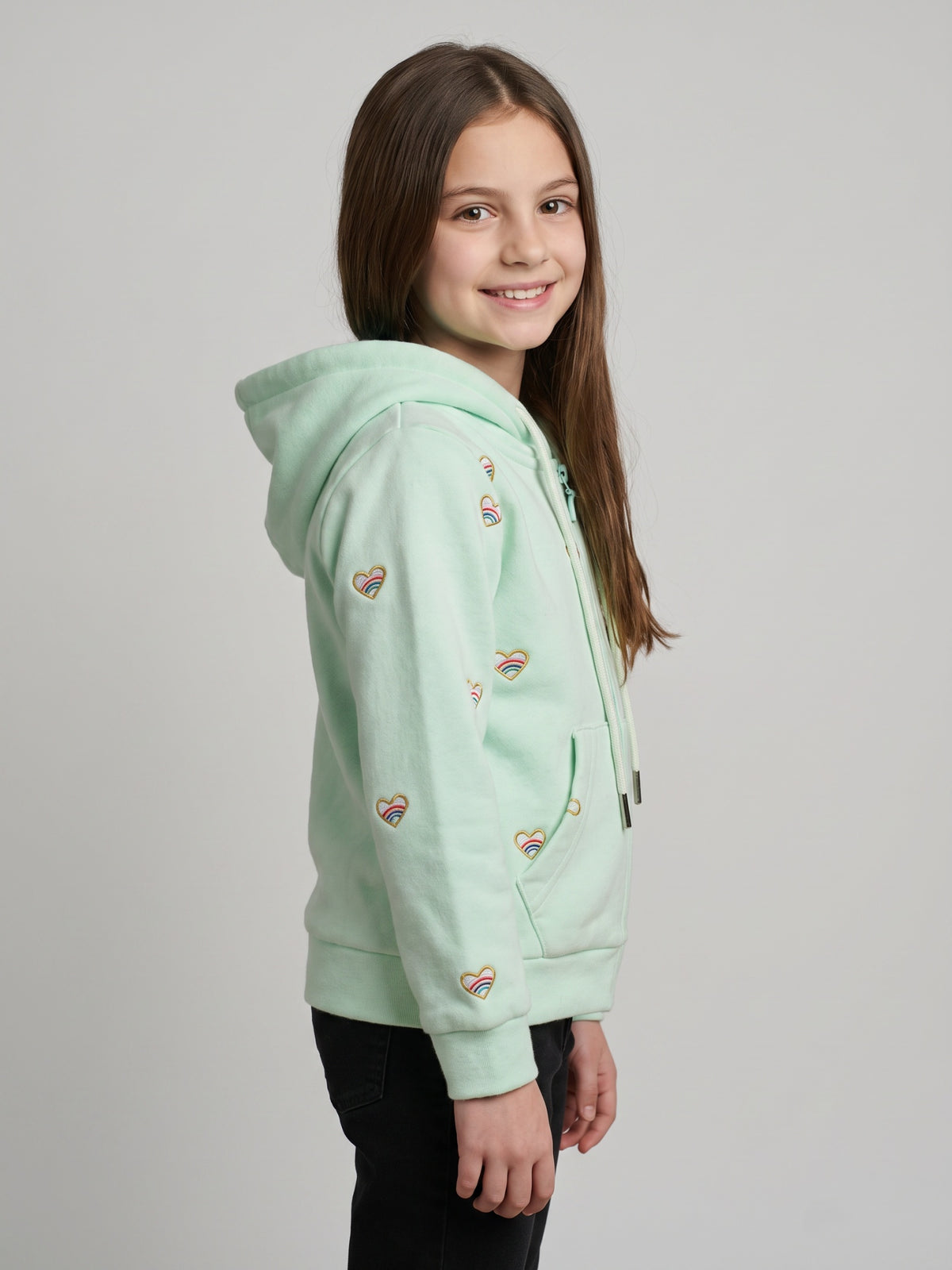 Girls Green Embroidered Hooded Full Sleeve Sweatshirt