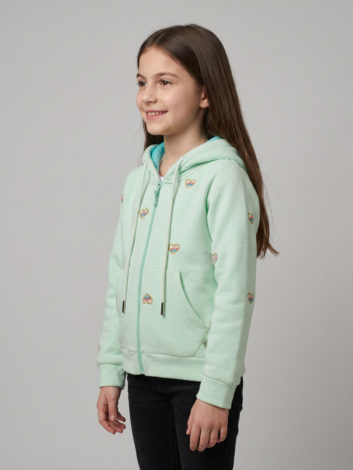 Girls Green Embroidered Hooded Full Sleeve Sweatshirt