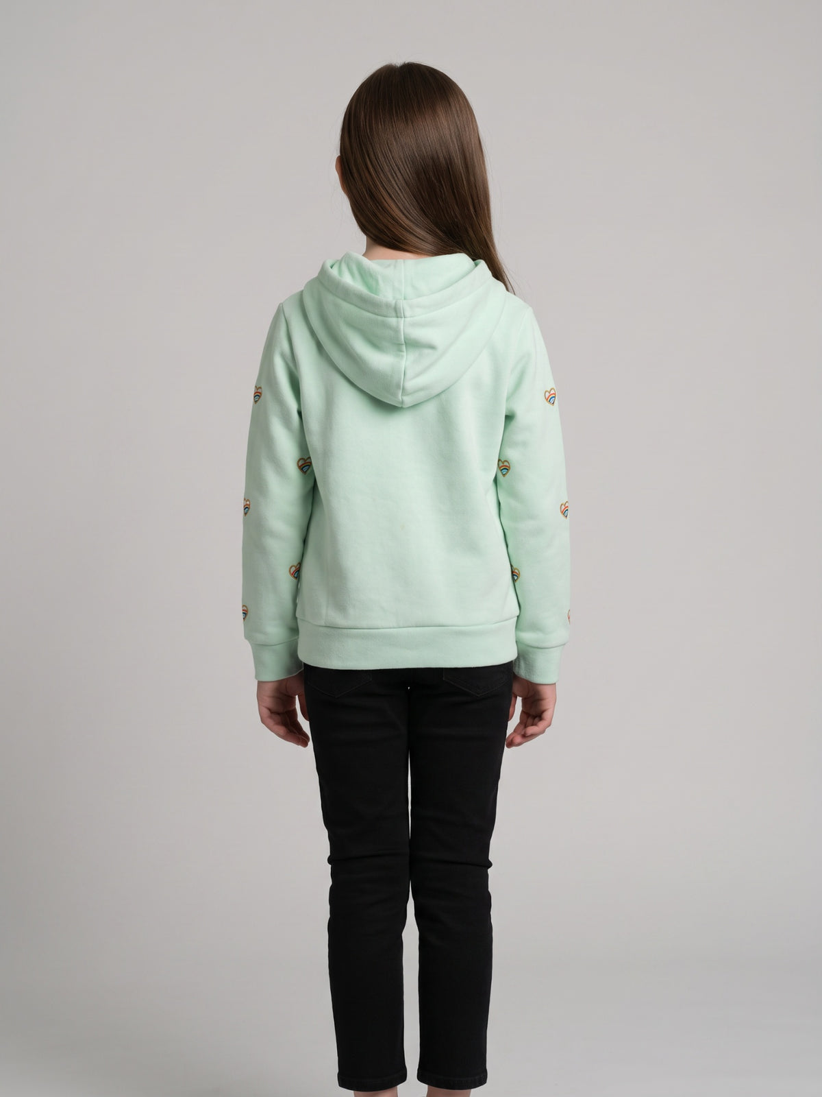 Girls Green Embroidered Hooded Full Sleeve Sweatshirt