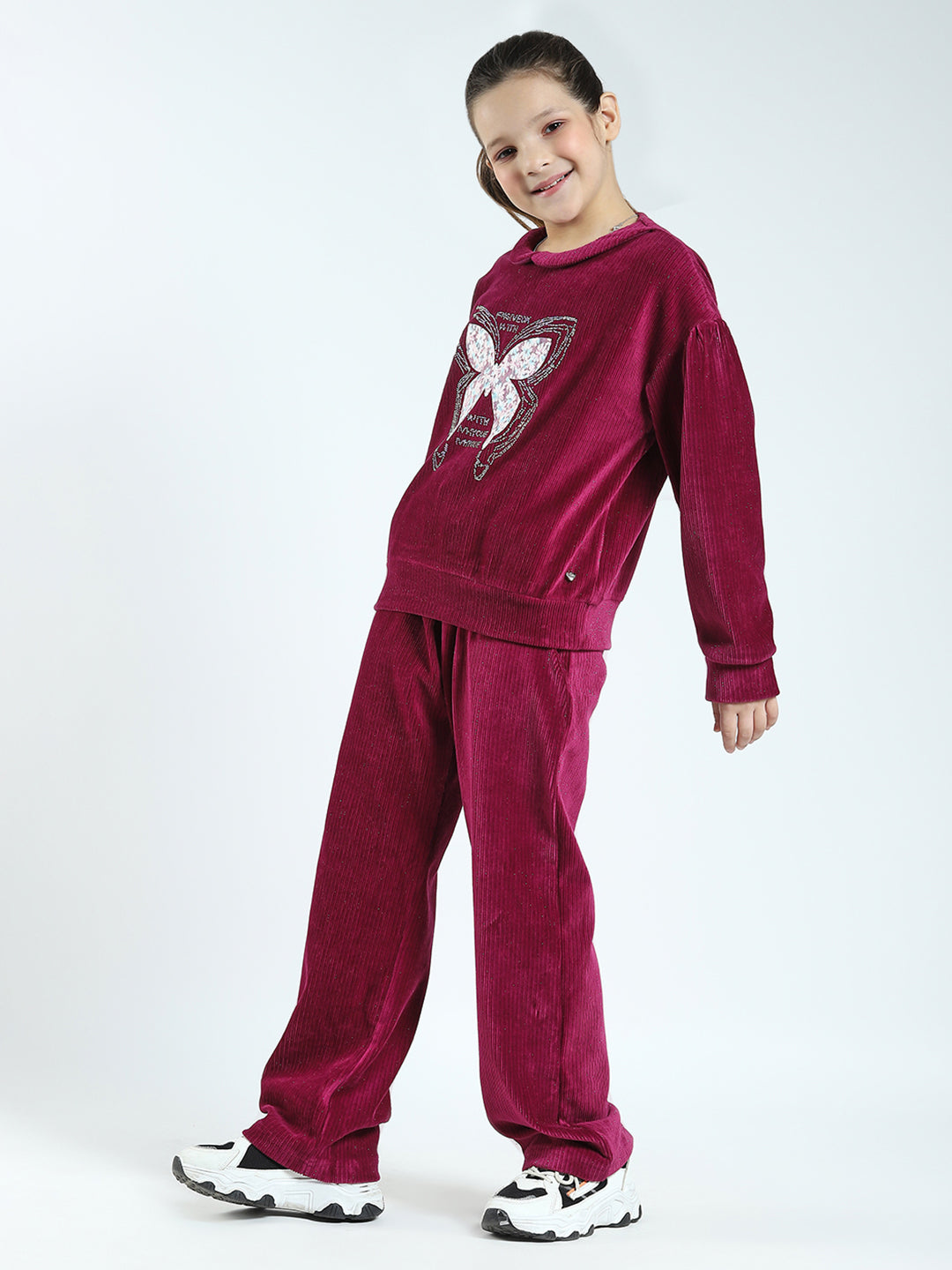Girls Maroon Self Design Round Neck Full Sleeve Cords Set