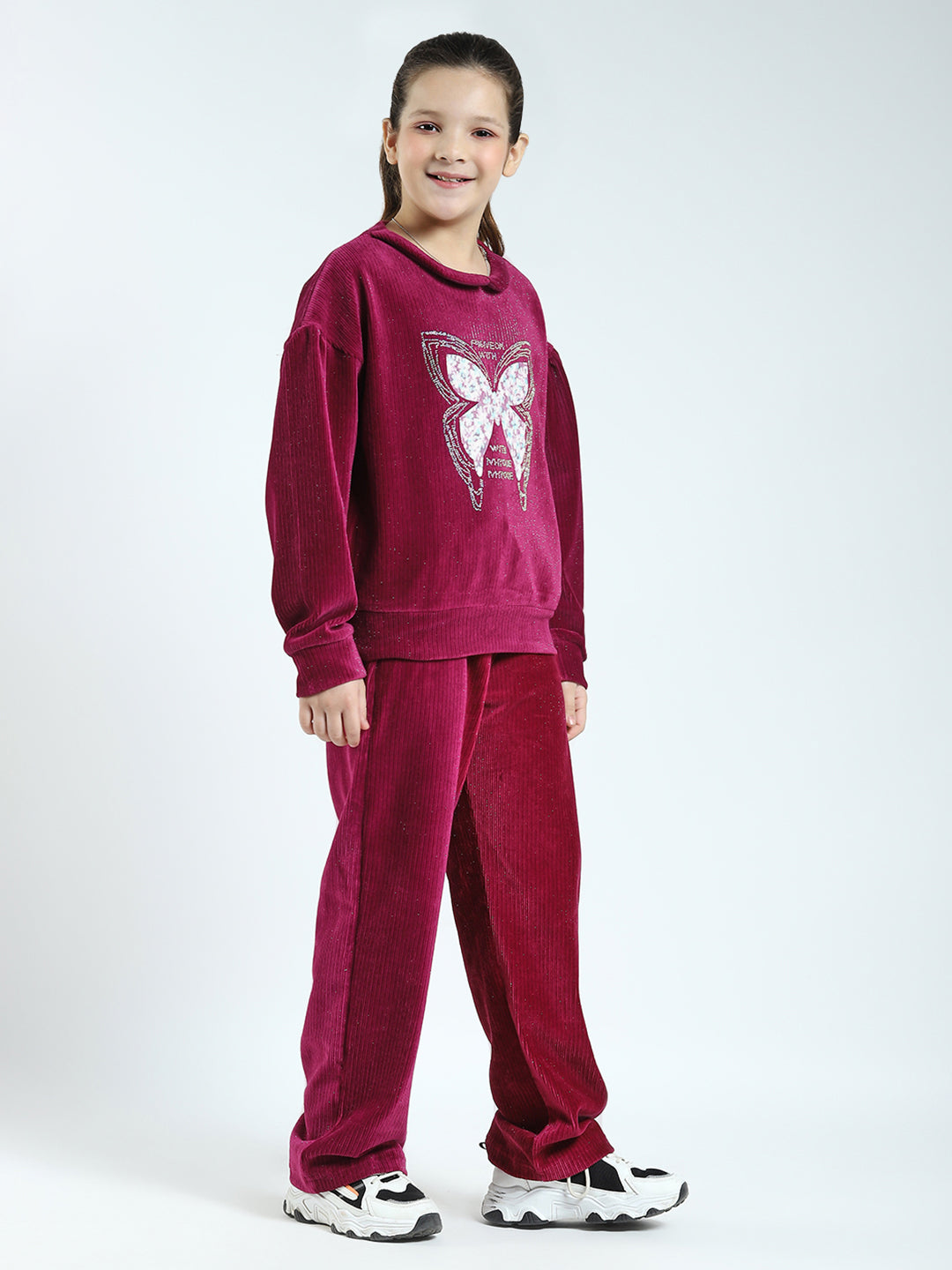 Girls Maroon Self Design Round Neck Full Sleeve Cords Set