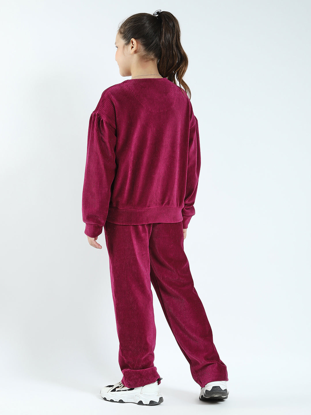 Girls Maroon Self Design Round Neck Full Sleeve Cords Set