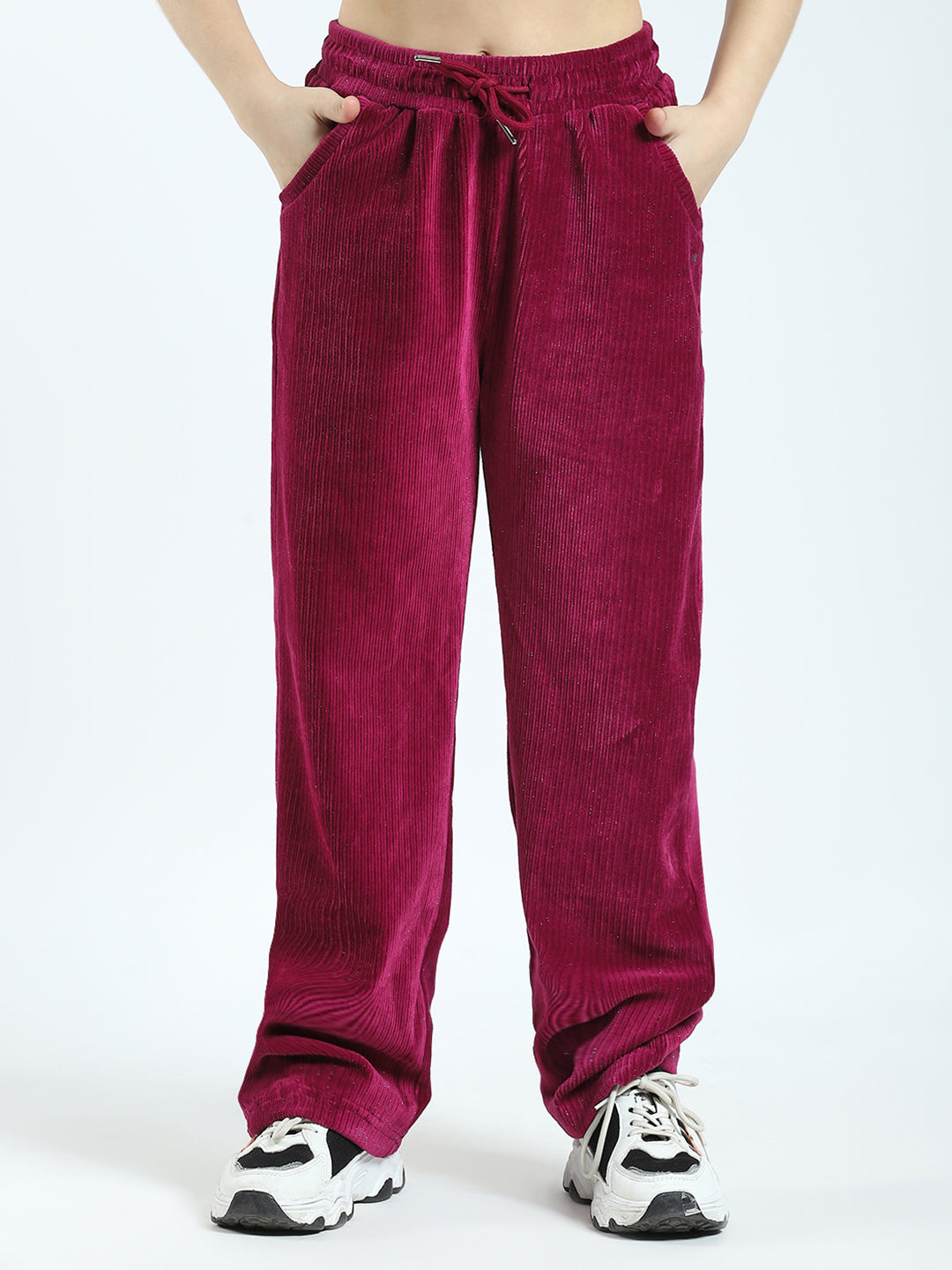 Girls Maroon Self Design Round Neck Full Sleeve Cords Set