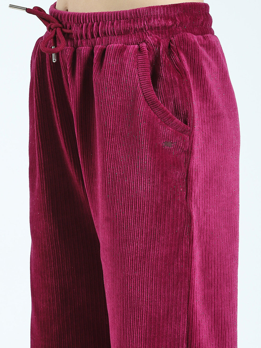 Girls Maroon Self Design Round Neck Full Sleeve Cords Set