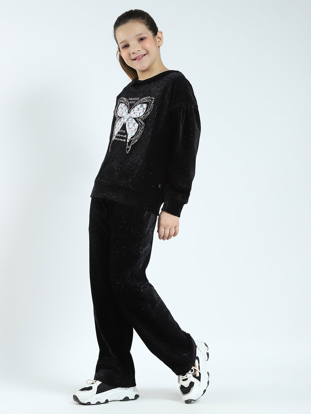 Girls Black Self Design Round Neck Full Sleeve Cords Set