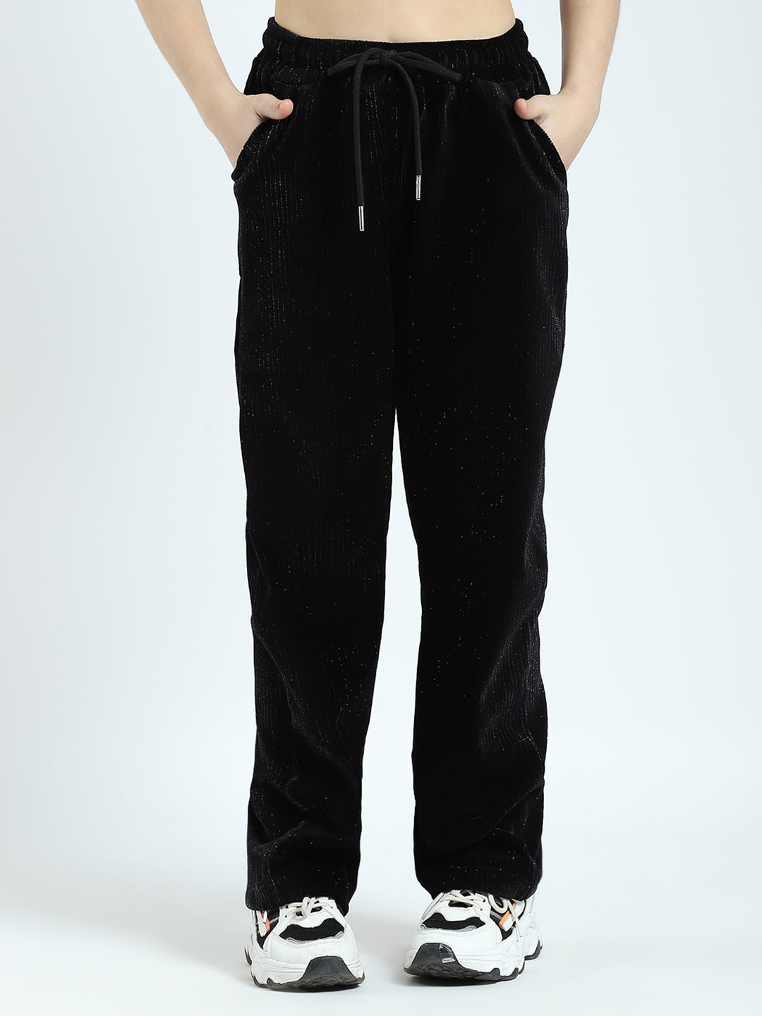 Girls Black Self Design Round Neck Full Sleeve Cords Set