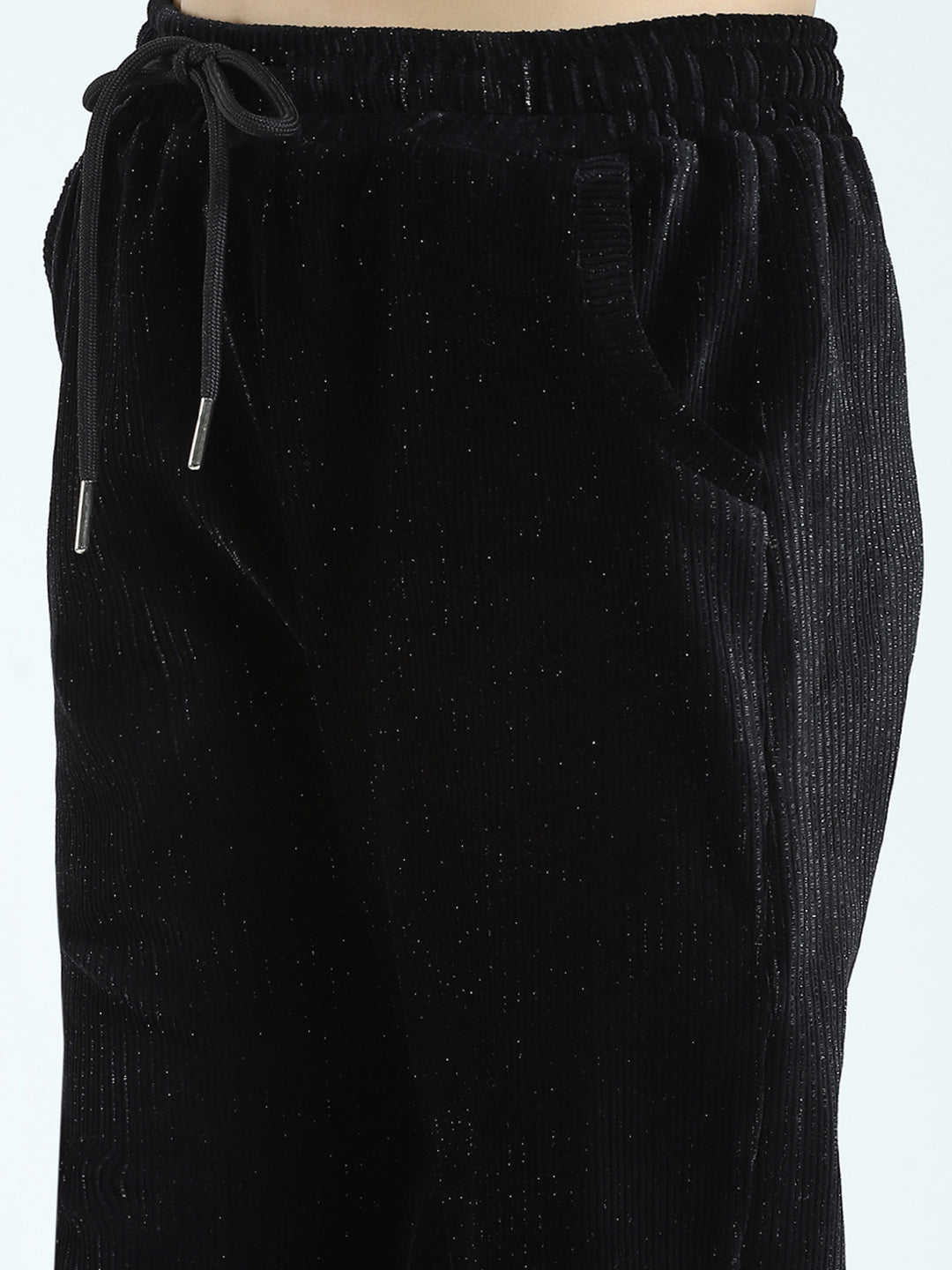 Girls Black Self Design Round Neck Full Sleeve Cords Set