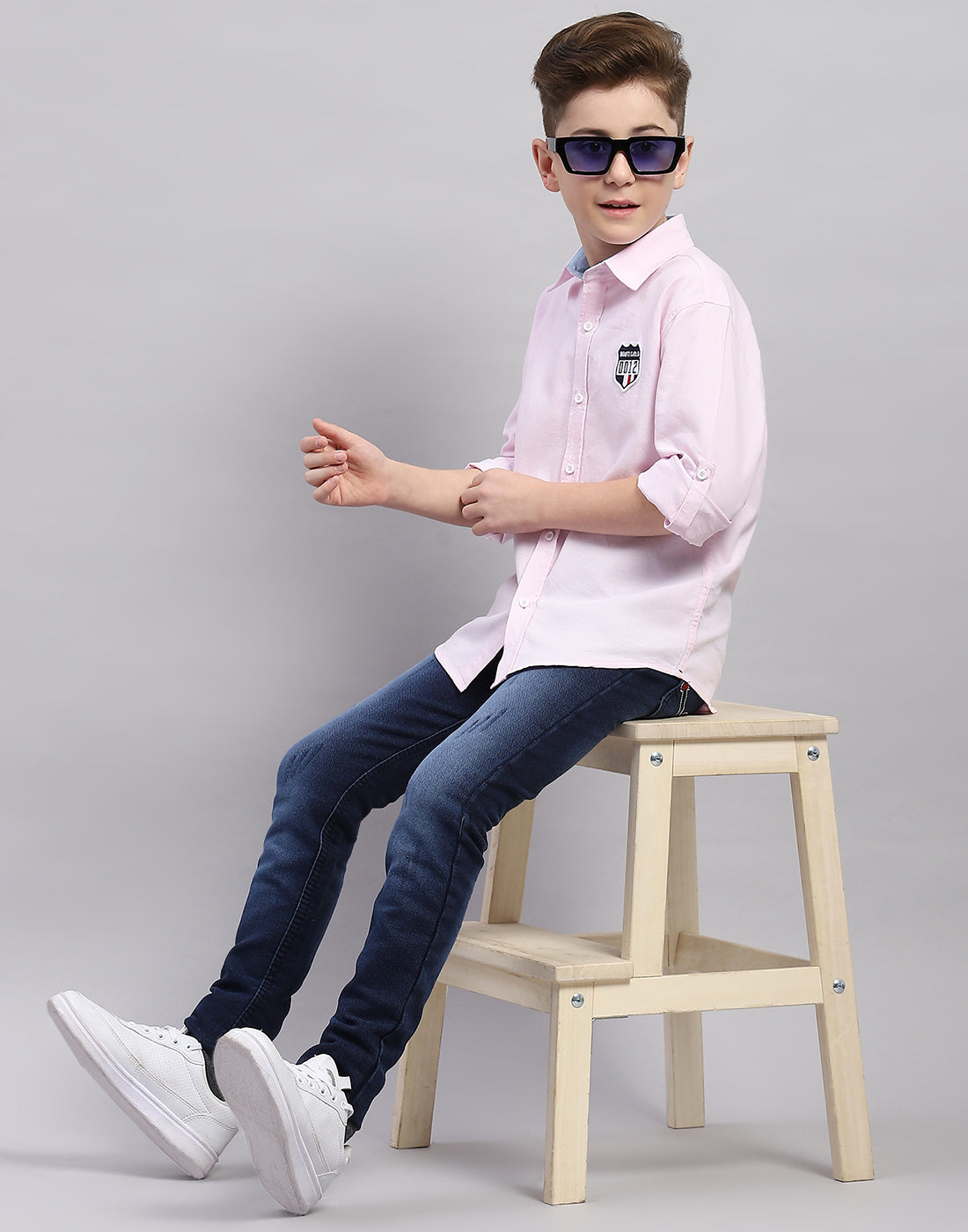 Boys Pink Solid Collar Half Sleeve Shirt