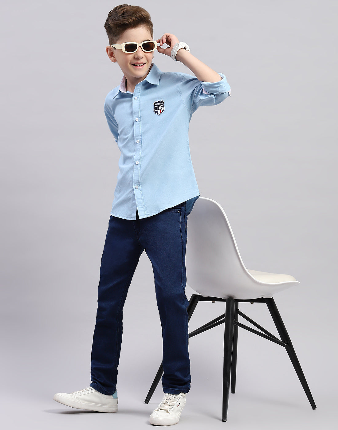 Boys Blue Solid Collar Full Sleeve Shirt