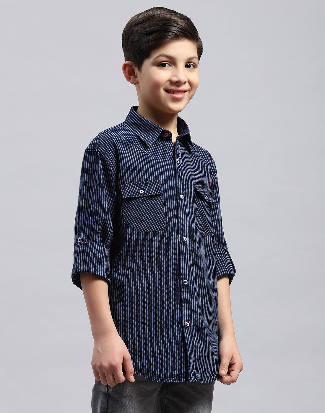 Boys Navy Blue Stripe Collar Full Sleeve Shirt
