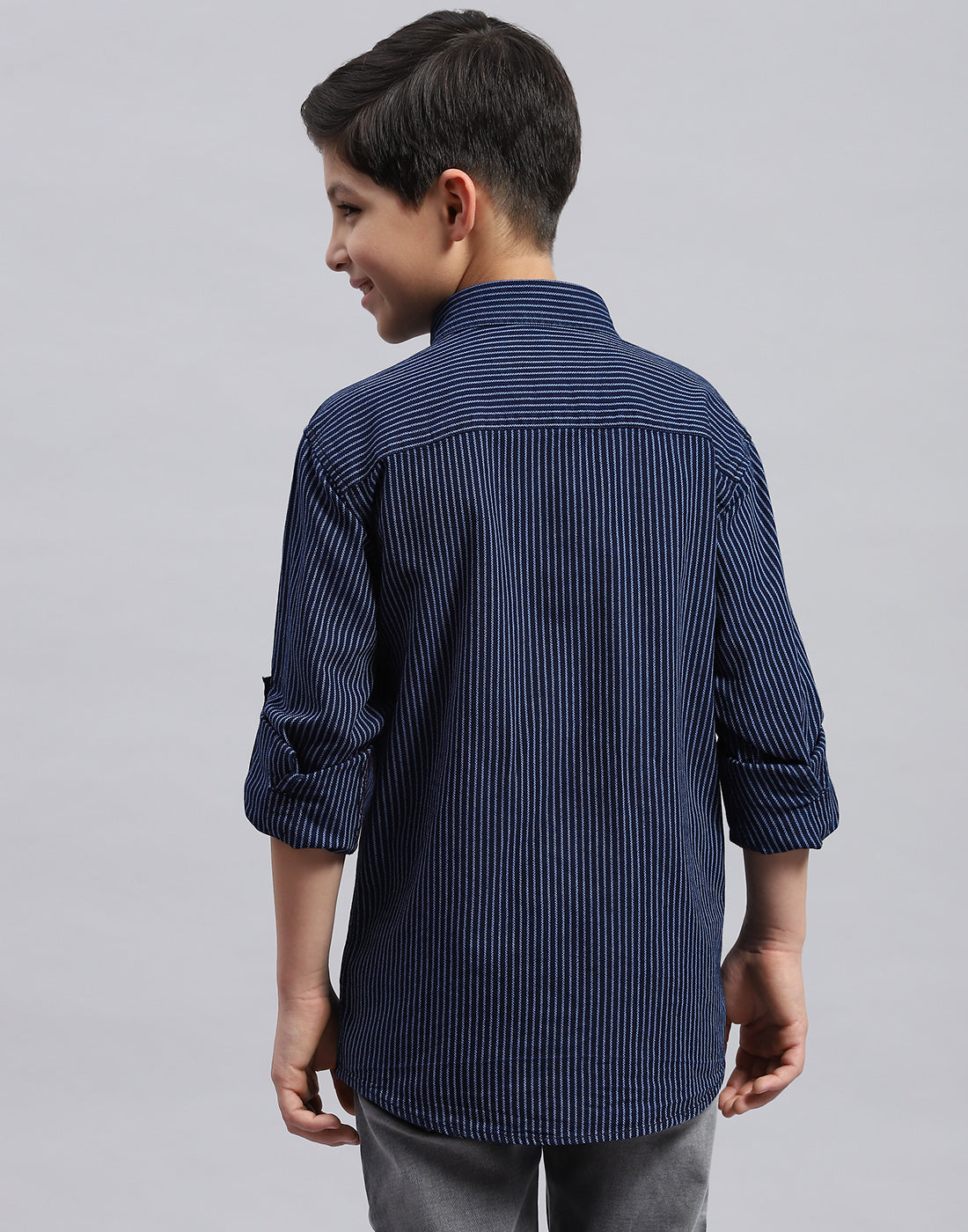 Boys Navy Blue Stripe Collar Full Sleeve Shirt
