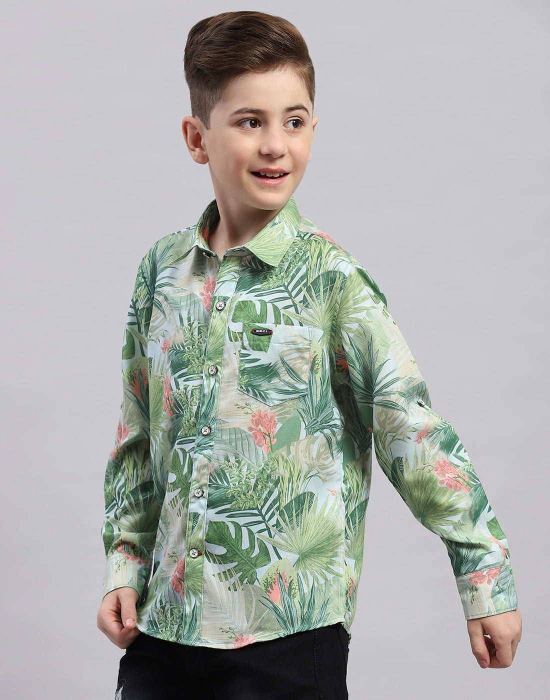 Boys Green Printed Collar Full Sleeve Shirt