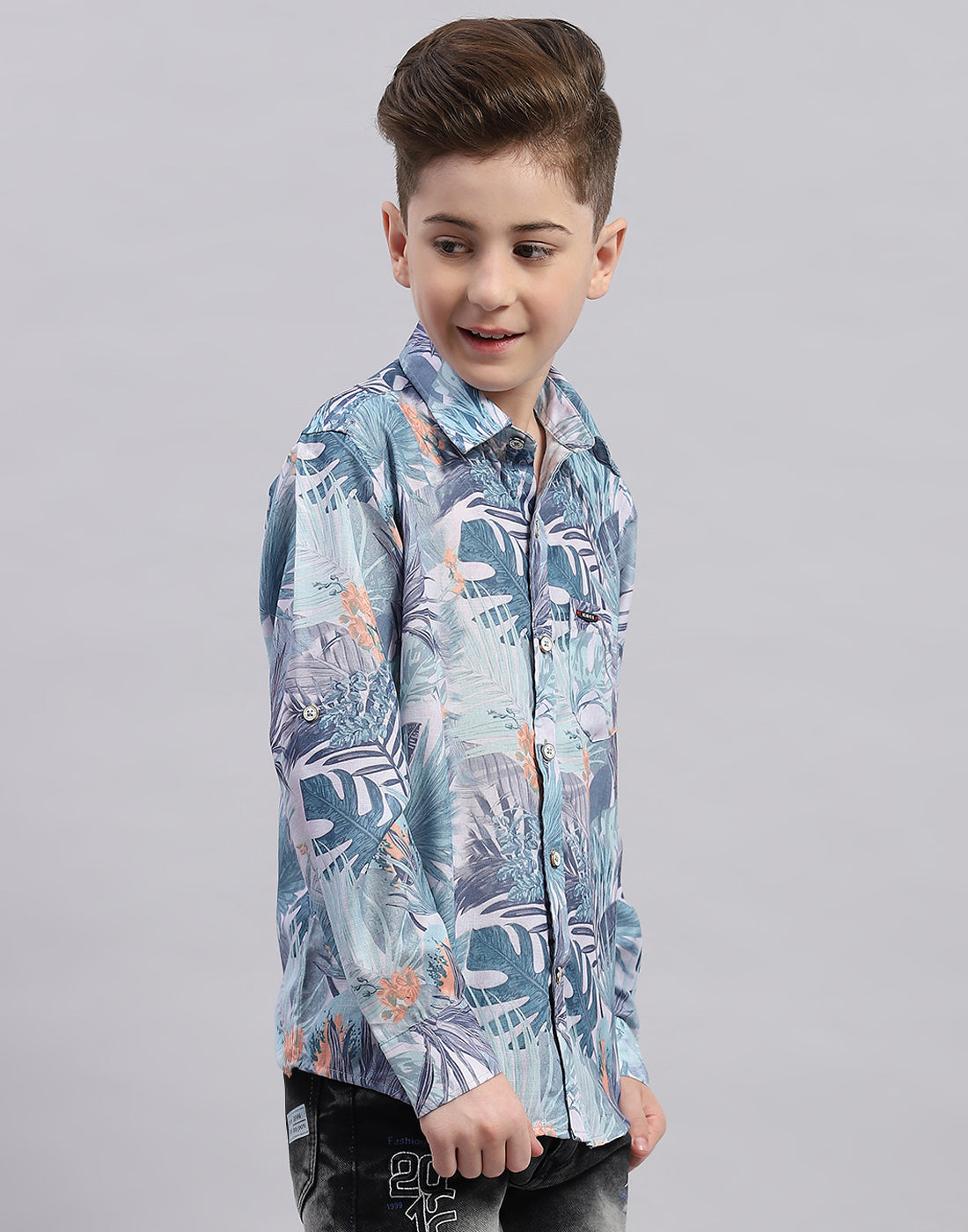 Boys Grey Printed Collar Full Sleeve Shirt