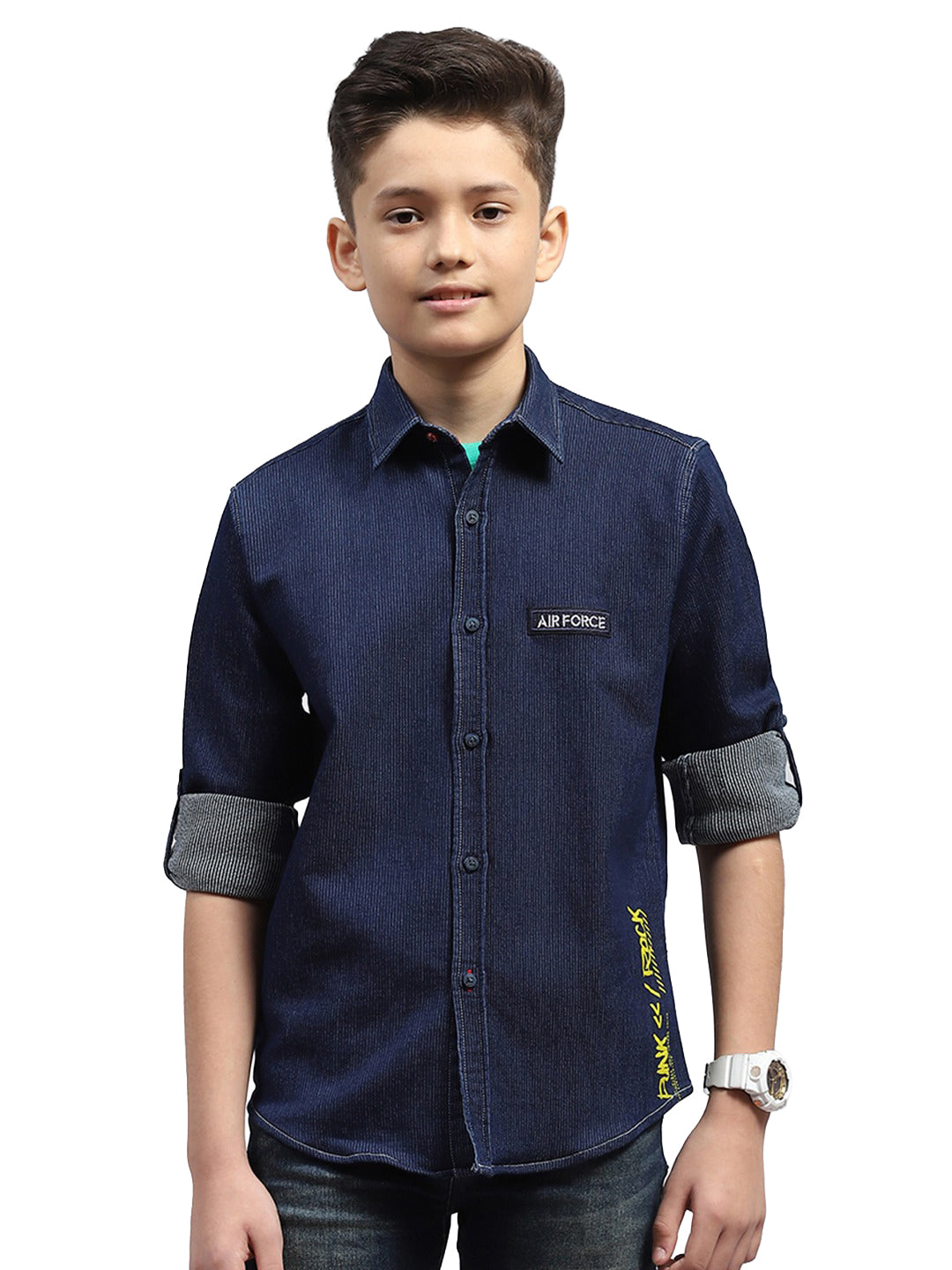 Boys Blue Solid Collar Full Sleeve Shirt