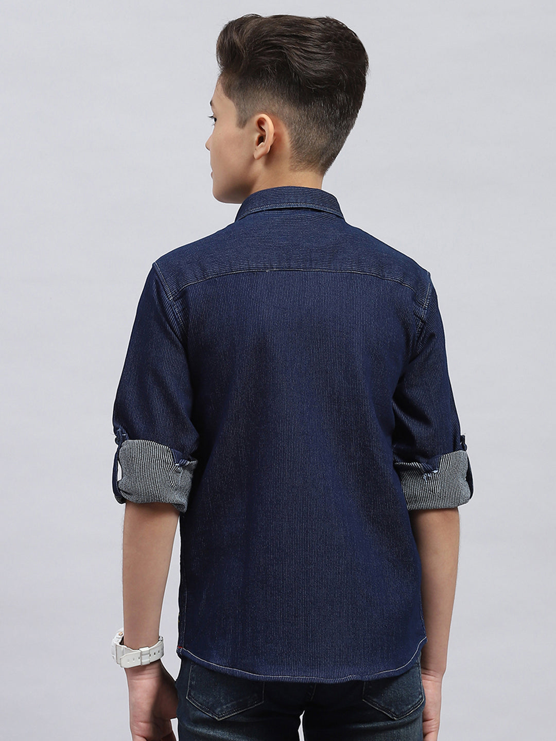 Boys Blue Solid Collar Full Sleeve Shirt
