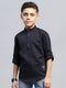 Boys Navy Blue Self Design Band Collar Full Sleeve Shirt