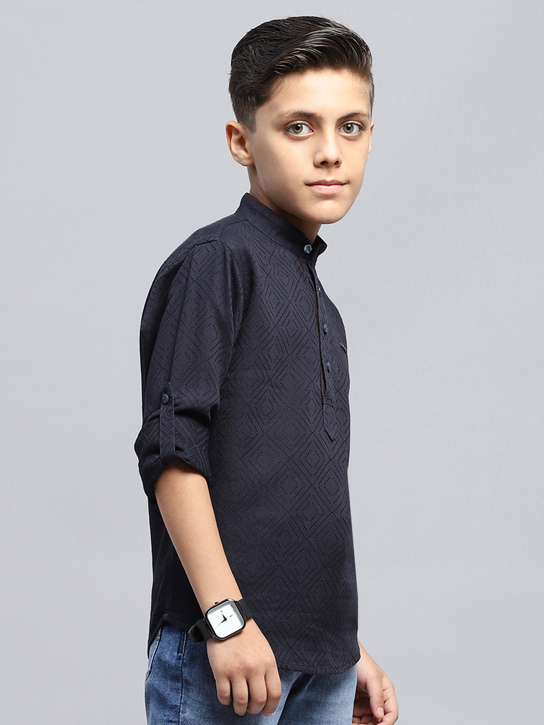 Boys Navy Blue Self Design Band Collar Full Sleeve Shirt