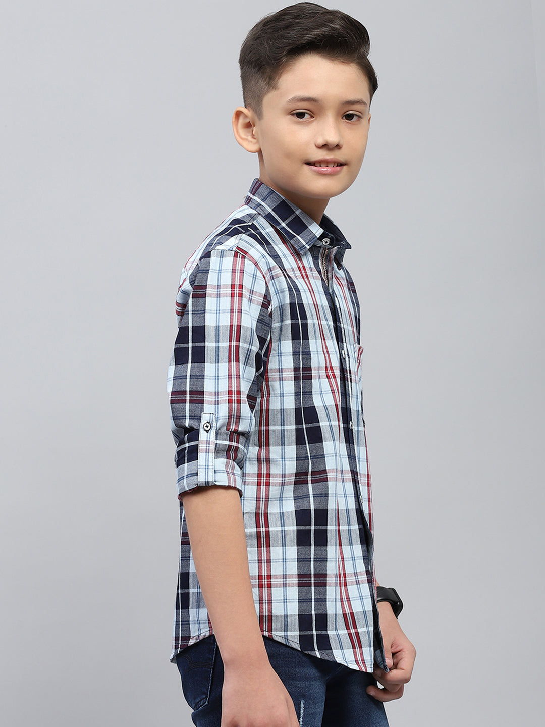 Boys Red & Blue Check Collar Full Sleeve Shirt