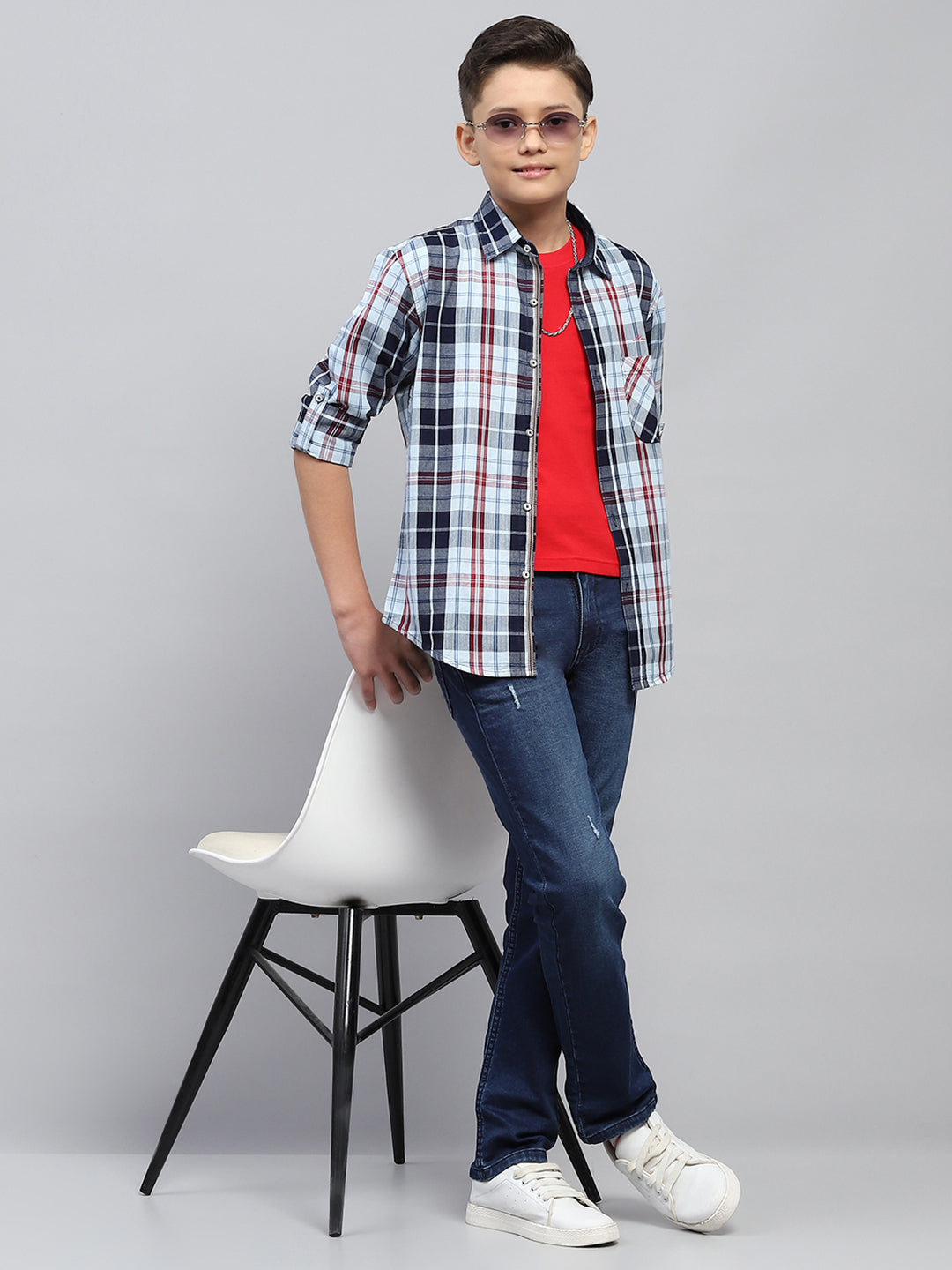 Boys Red & Blue Check Collar Full Sleeve Shirt