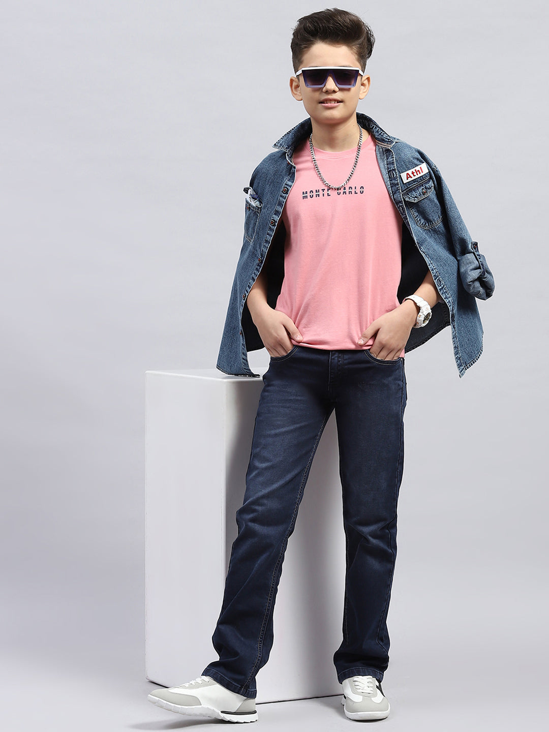 Boys Dark Blue Light Wash Straight Fit Denim