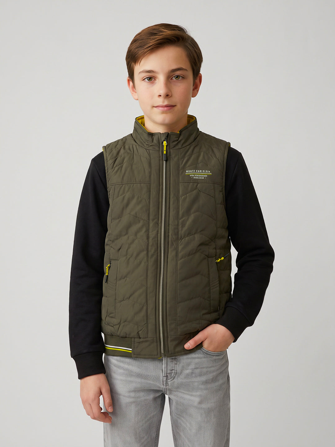 Boys Olive Solid Mock Neck Reversible Puffer Jacket