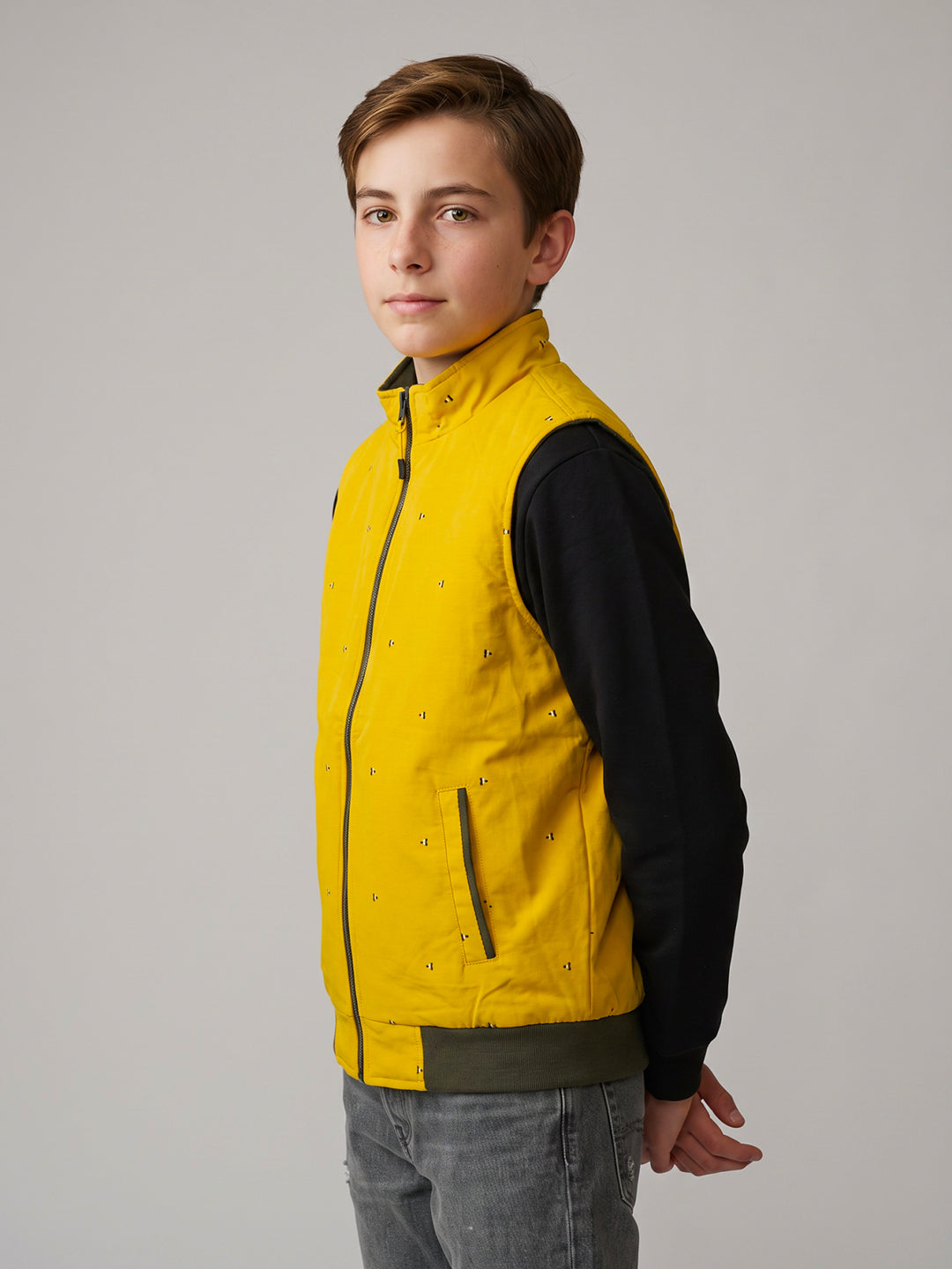 Boys Olive Solid Mock Neck Reversible Puffer Jacket