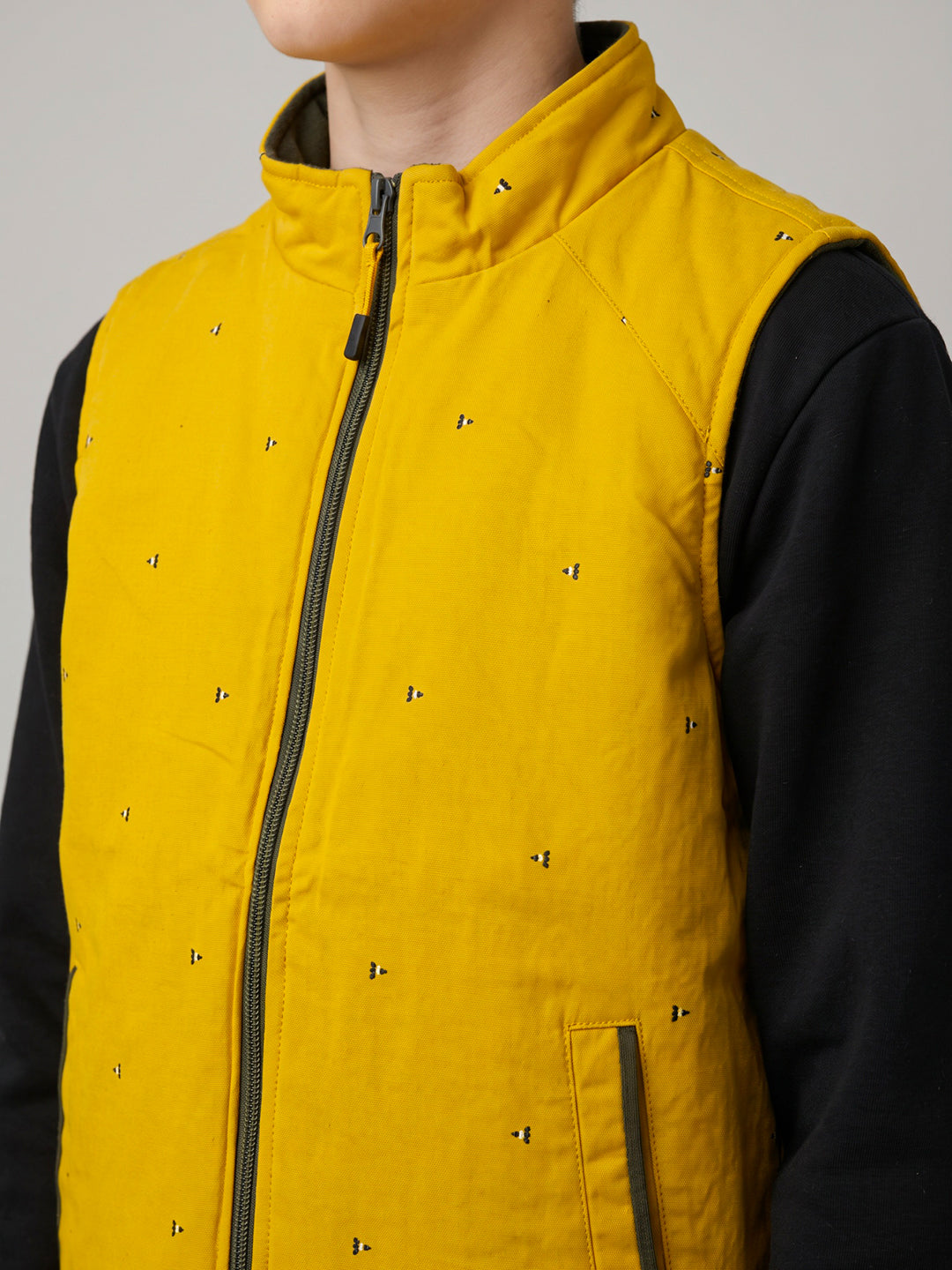 Boys Olive Solid Mock Neck Reversible Puffer Jacket