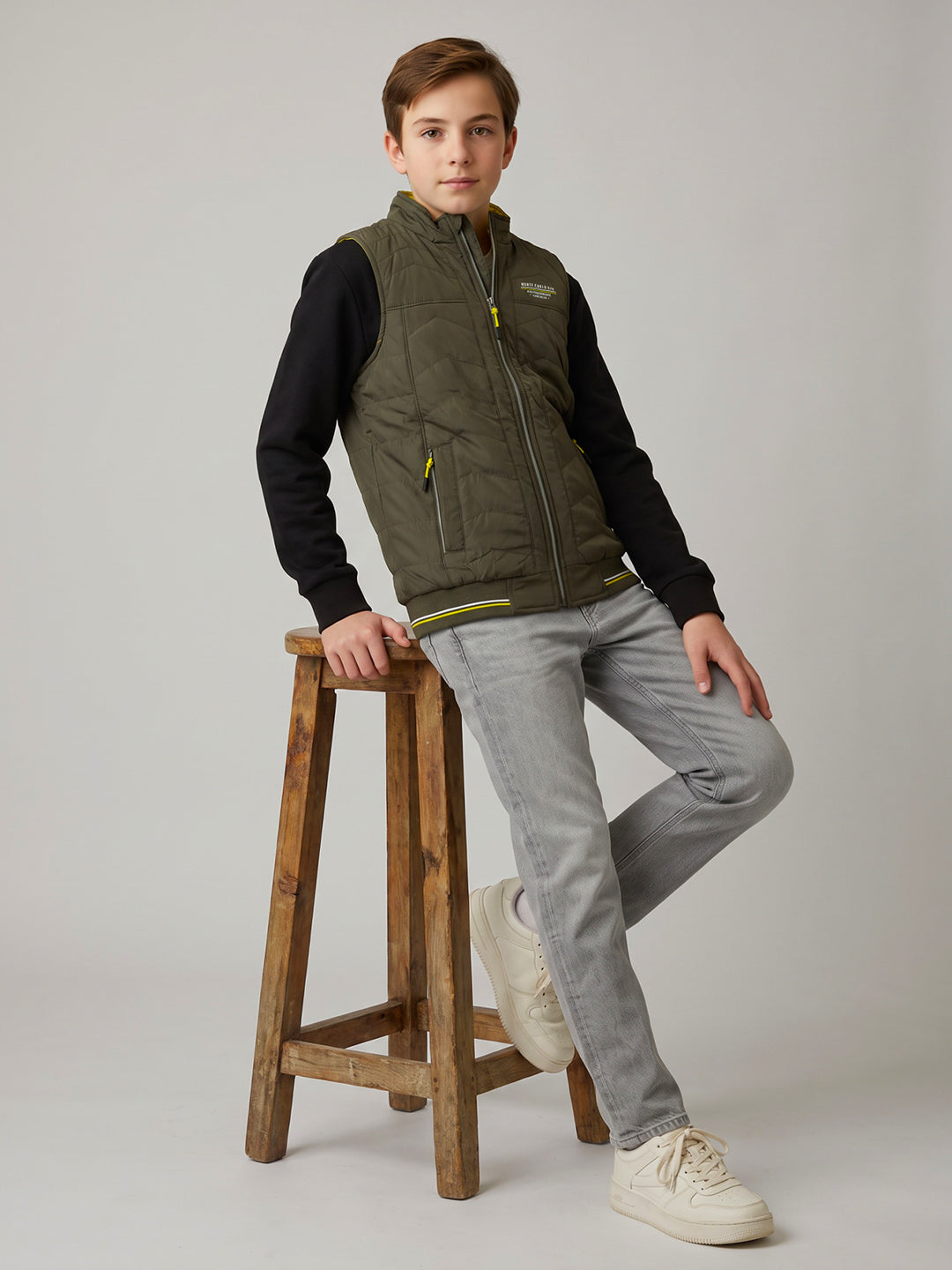 Boys Olive Solid Mock Neck Reversible Puffer Jacket