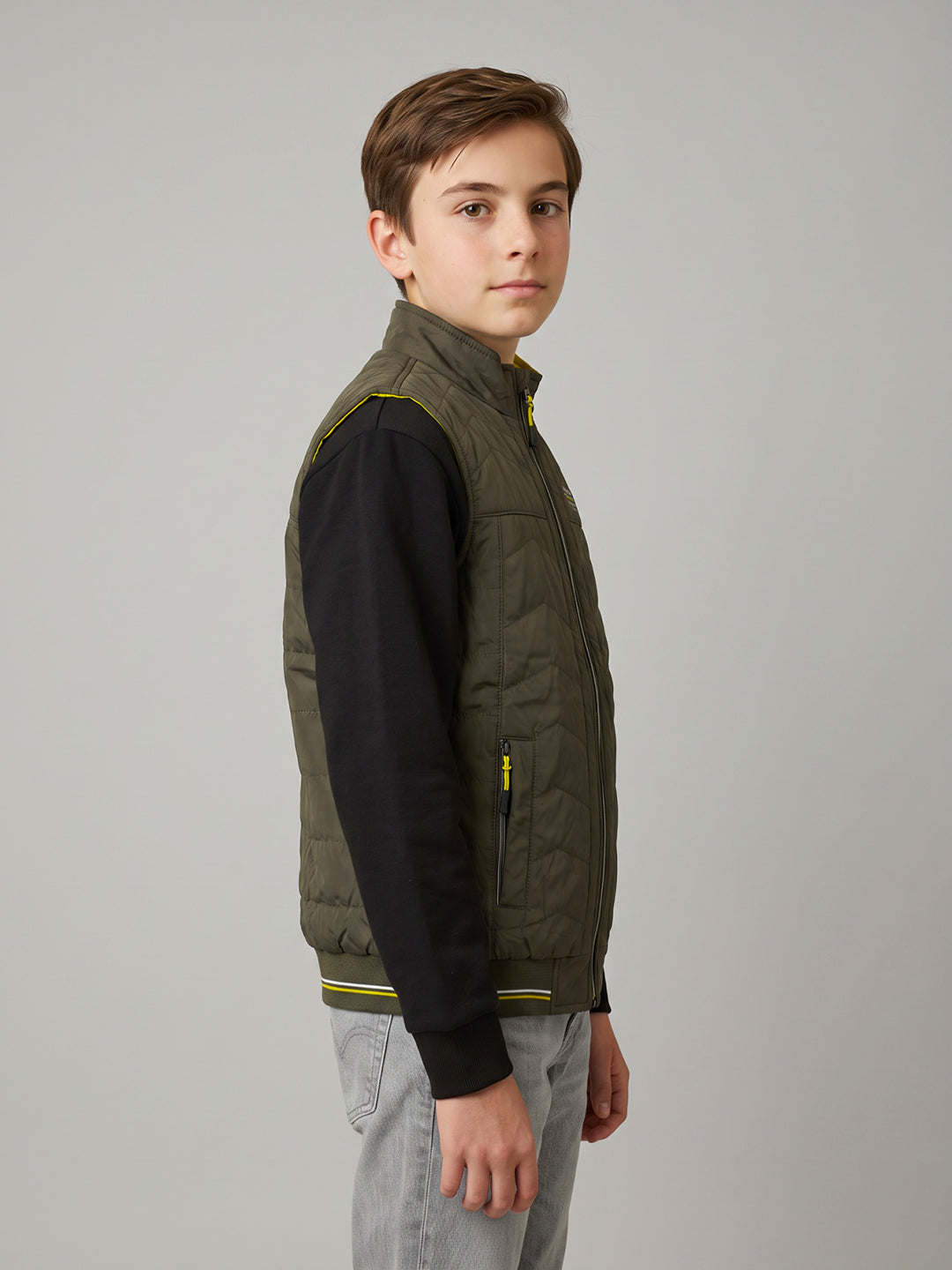Boys Olive Solid Mock Neck Reversible Puffer Jacket