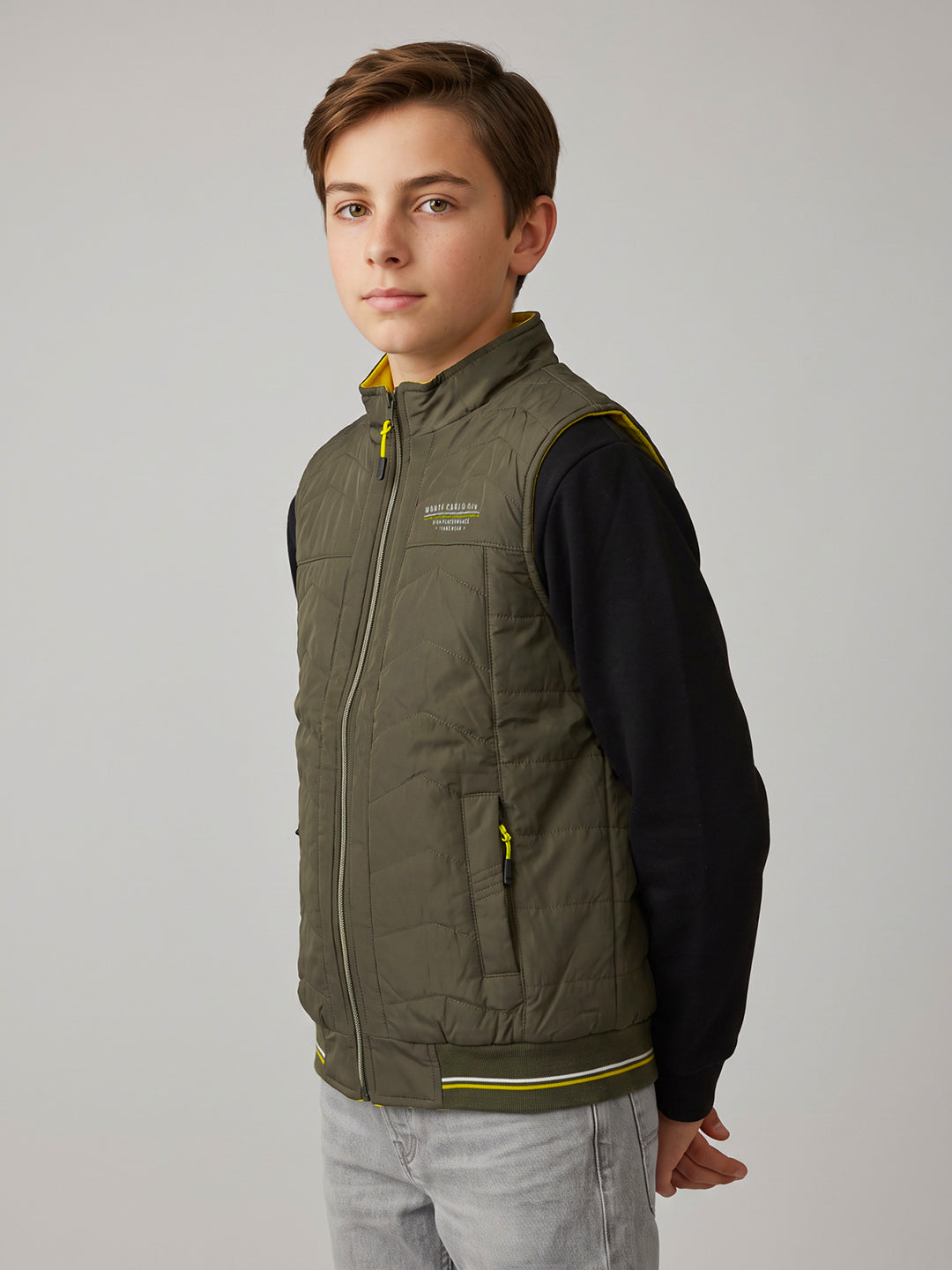 Boys Olive Solid Mock Neck Reversible Puffer Jacket