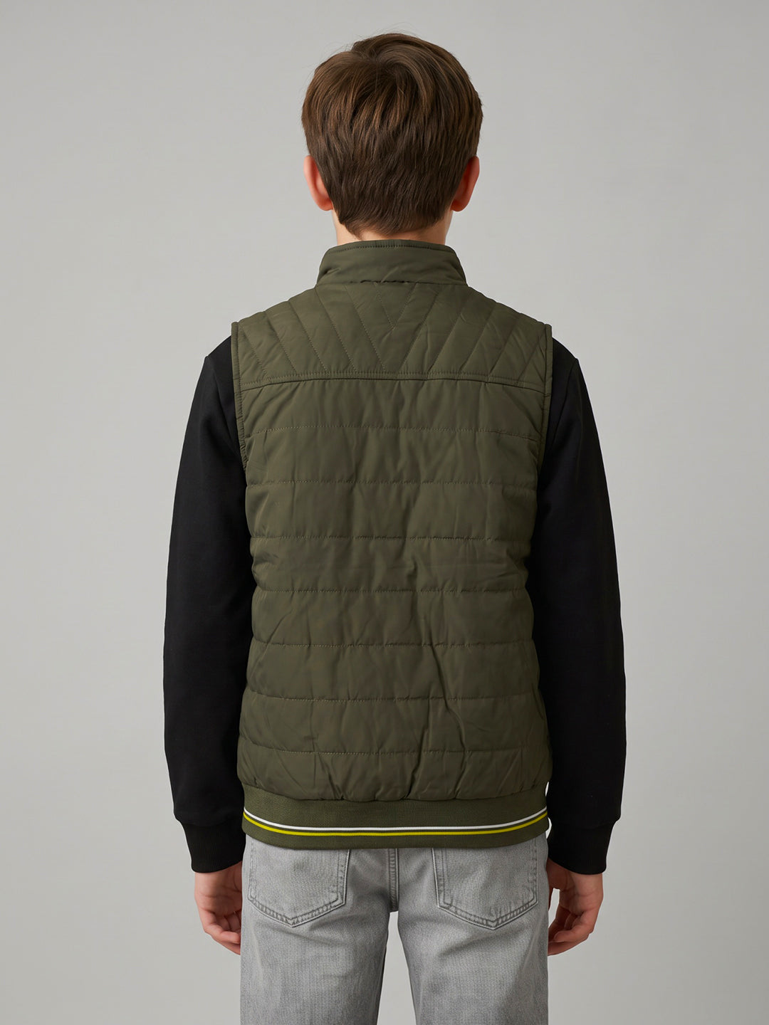 Boys Olive Solid Mock Neck Reversible Puffer Jacket