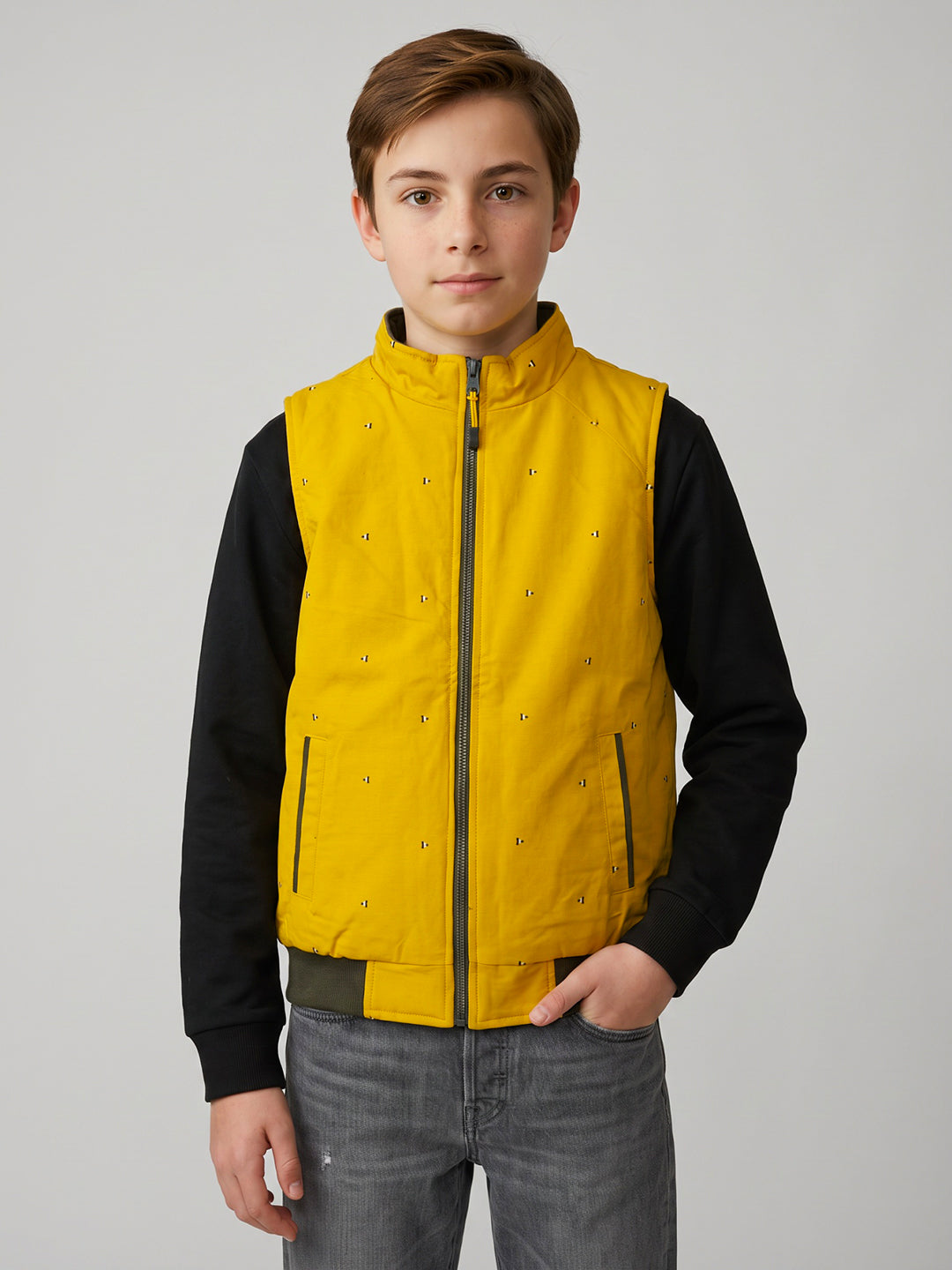 Boys Olive Solid Mock Neck Reversible Puffer Jacket