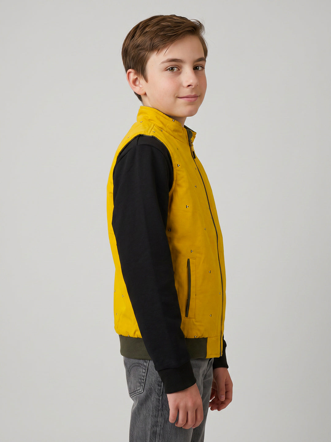 Boys Olive Solid Mock Neck Reversible Puffer Jacket