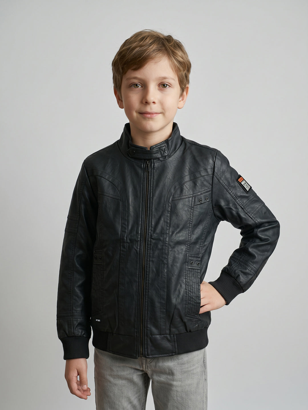 Boys Black Solid Stand Collar Full Sleeve Leather Jacket