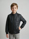 Boys Black Solid Stand Collar Full Sleeve Leather Jacket