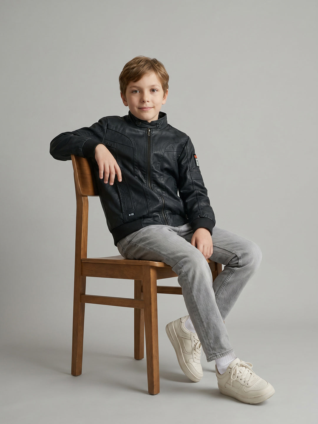 Boys Black Solid Stand Collar Full Sleeve Leather Jacket